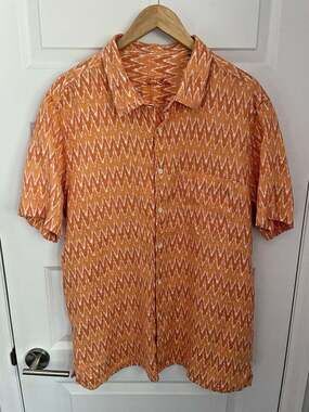 Tasso Elba XL 100% Linen Orange White Flame Geometric Short Sleeve Resort Beachy